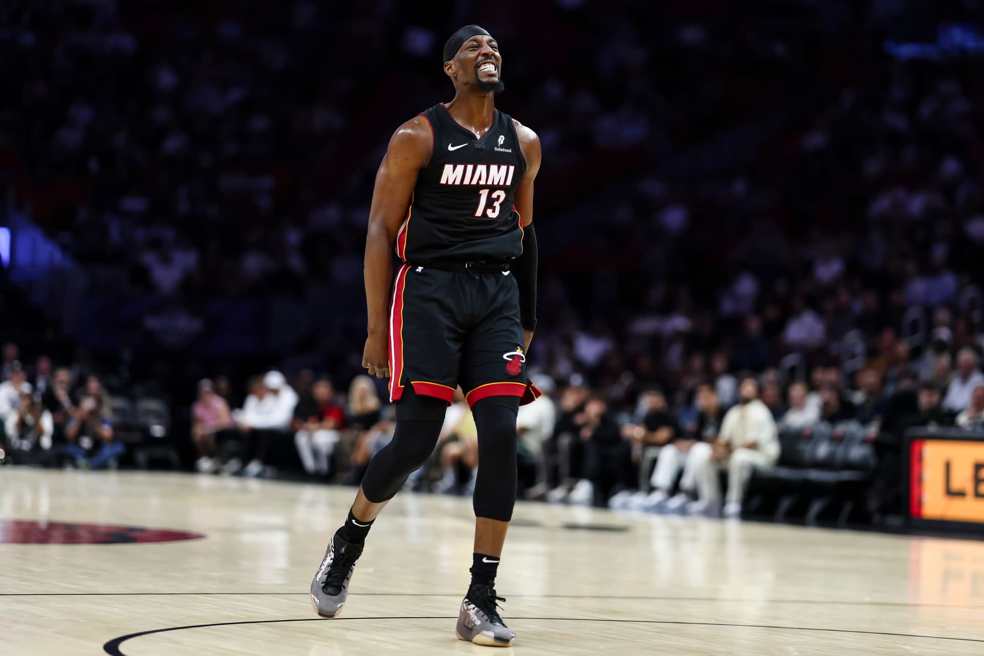 Bam Adebayo #13 of the Miami Heat reacts during the first quarter