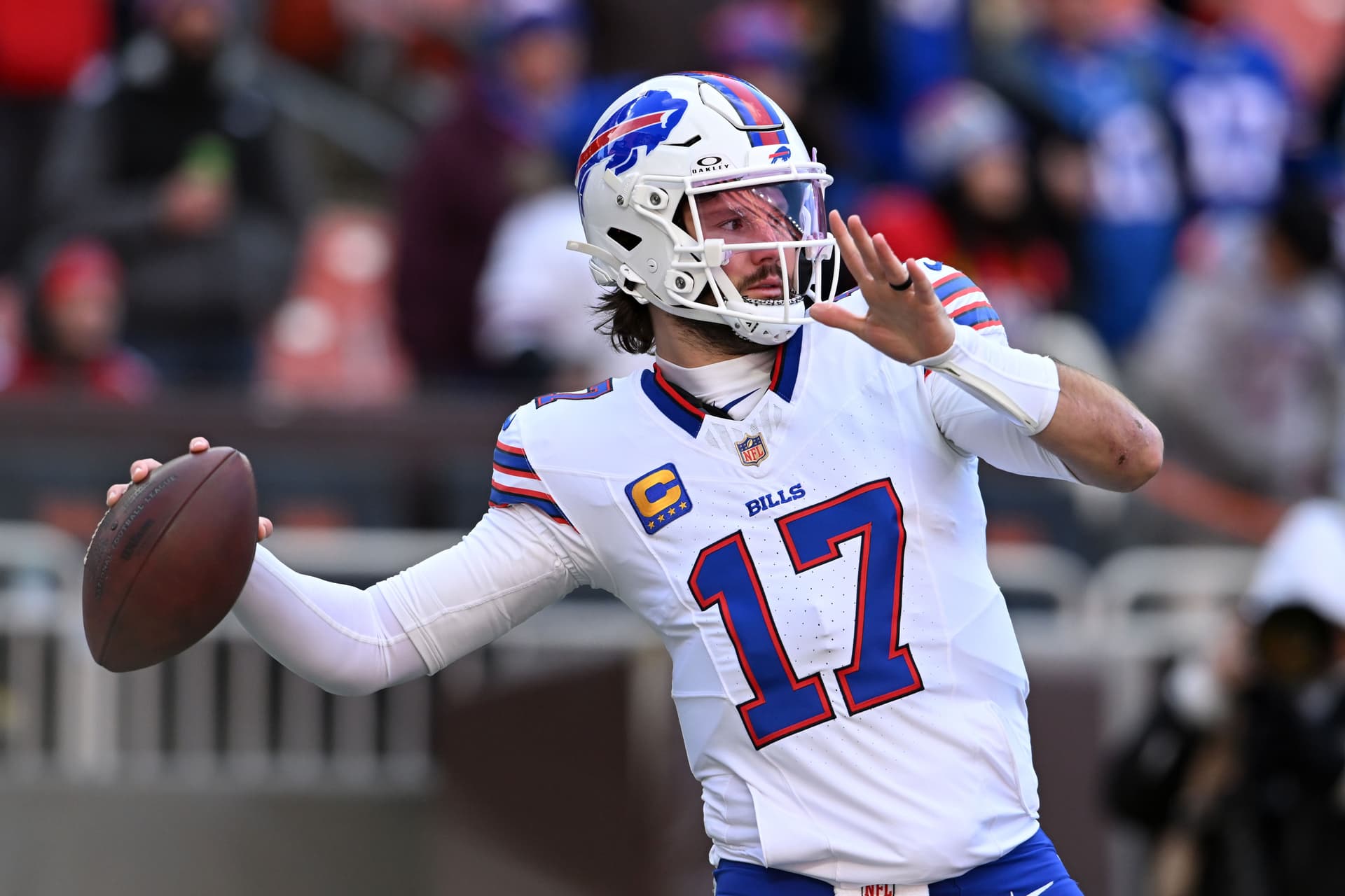 Josh Allen #17 of the Buffalo Bills warms up prior to the game against the Cleveland Browns