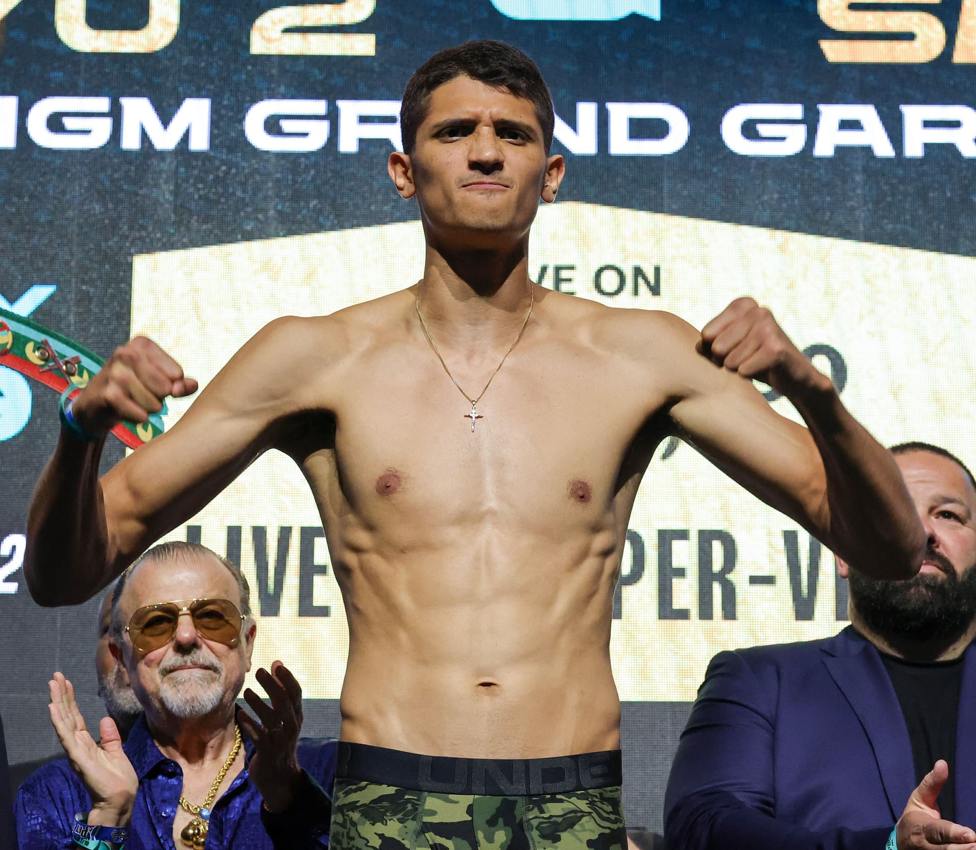 WBC super welterweight champion Sebastian Fundora poses during a ceremonial weigh-in